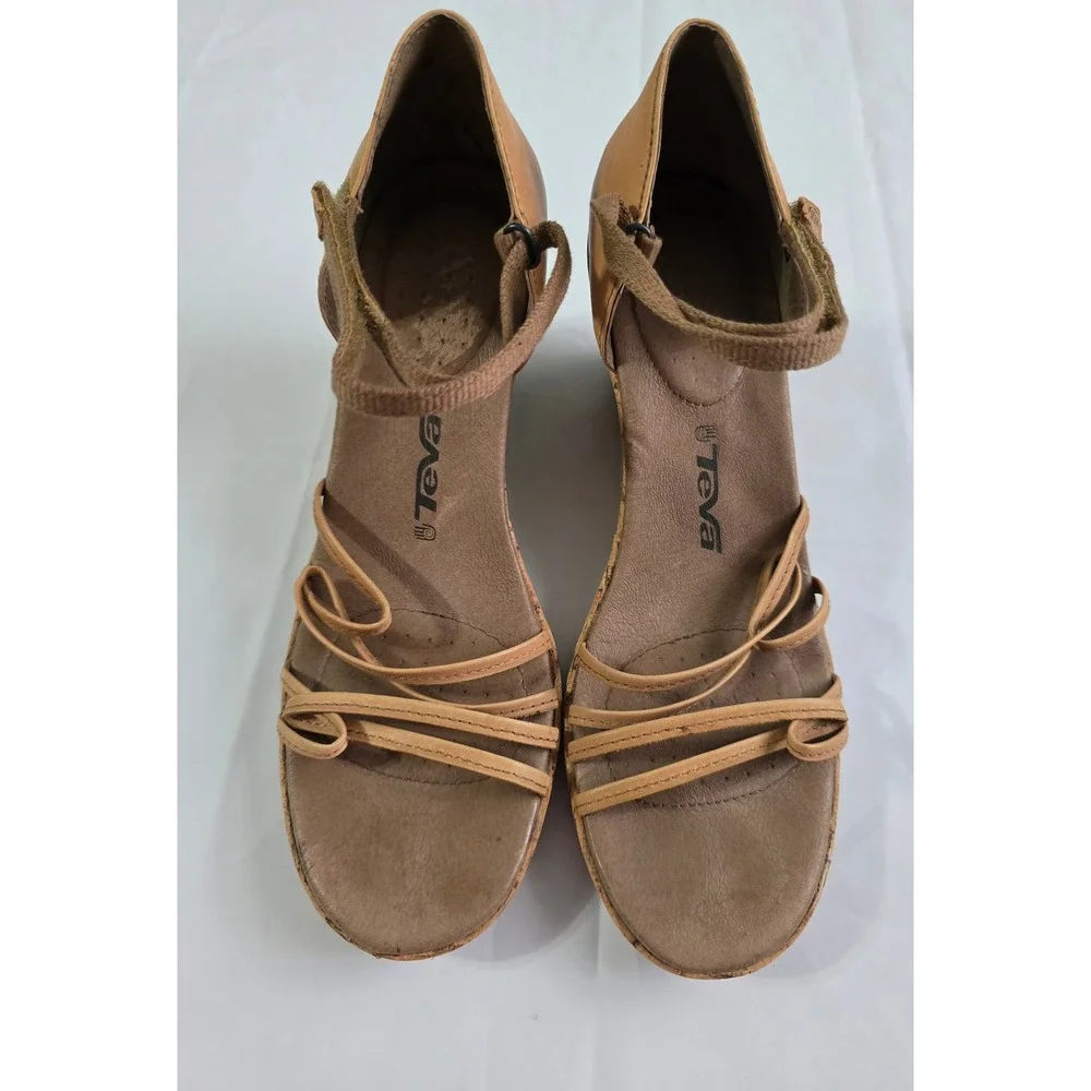 Teva Riviera Stitch Leather Cork Wedge Sandals Tan Brown 1002021 Womens 9